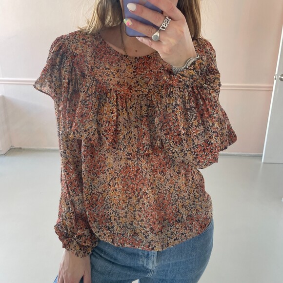 LoveShackFancy Silk Ruffle Floral Print Blouse Petite - Picture 1 of 9